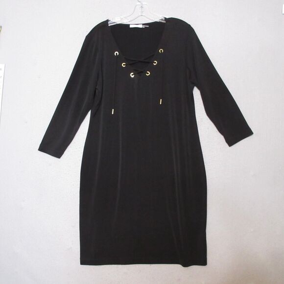 Calvin Klein Dress Plus 14 Black Lace Up‎ Neck Shift Pullover Career Office - Picture 1 of 9